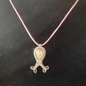 Pink Thomsonite Stone Silver-Tone Wire Wrapped Pendant Necklace